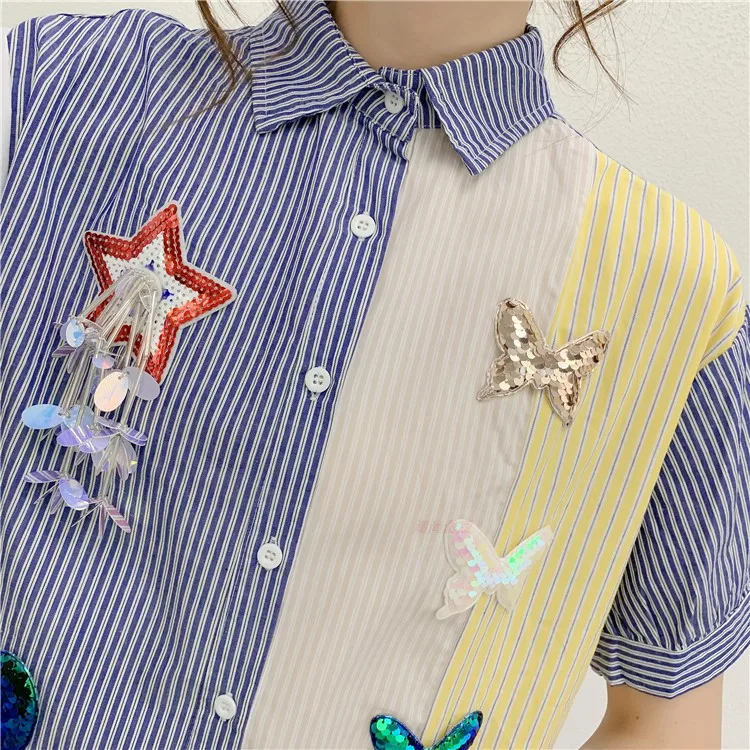 

Korean Fashion Brand Striped Shirts Summer Women's Short Sleeve Sequins Embroidery Single-breasted Loose Long Blouse Tops Coats