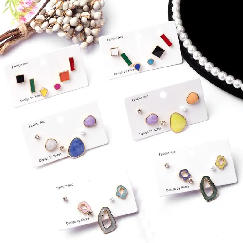 Женские асимметричные серьги гвоздики 3 пар/упак. корейские геометрические ярких