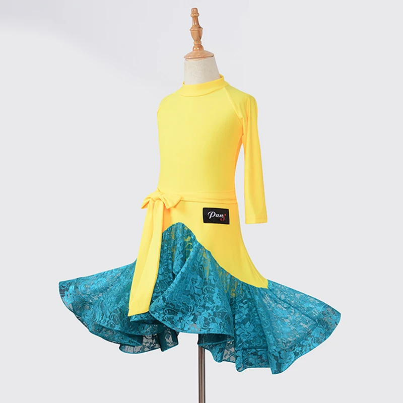 Dress Новинка; платье для латинских танцев; Детские платья для девочек; цвет желтый, синий; кружевное платье для ча-Фламенго, Танго, сальсы; платье для соревновательных танцев; BL04 - Цвет: Dress