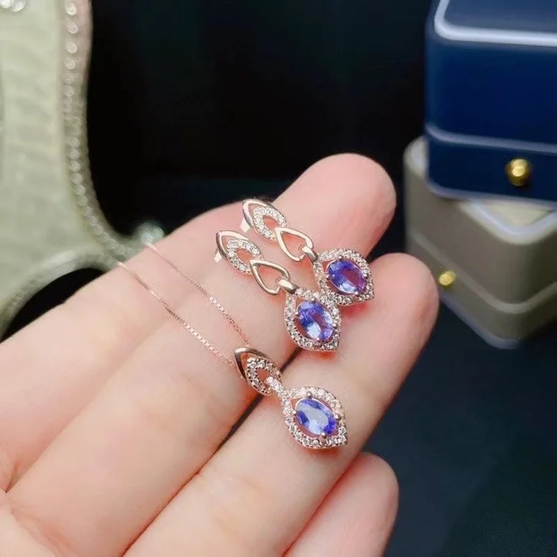 Ювелирные изделия Винтаж 925 серебряные серьги из танзанита и кулон VVS Класс