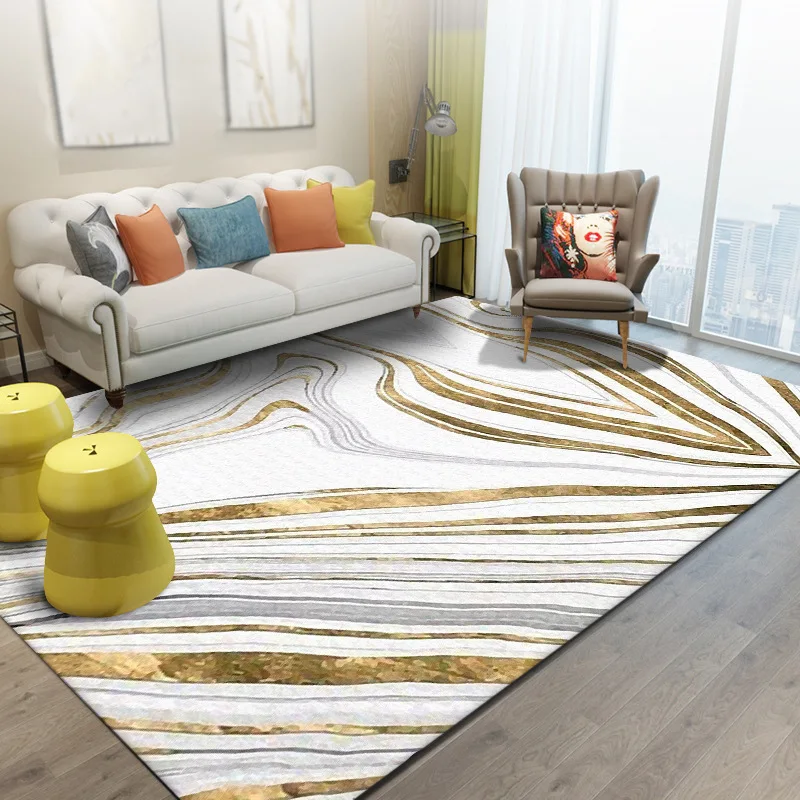 

Fashion Modern Luxury Abstract Light Blue Gold White Marble Living Room Bedroom Bedside Carpet Floor Mat Customization