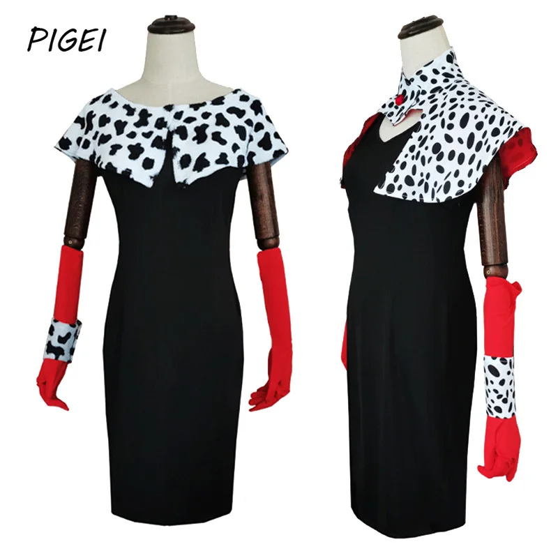 

Movie Cruella De Vil Cosplay Costumes Dress Shawl Gloves Suits Mens Halloween Carnival Party Heat Resistant Synthetic Wig Women
