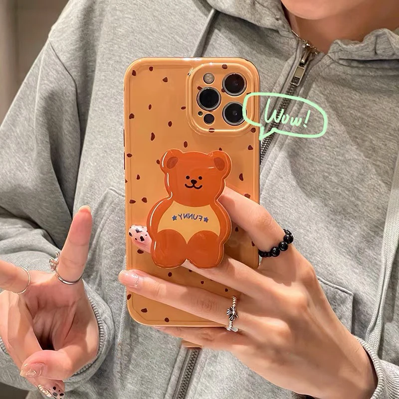 

Korean Spots Cute Cartoon Bear Bracket Soft Case for IPhone 7 8 Puls X XR XS 11 12 Pro Max Lovely Holder Protection Back Cover