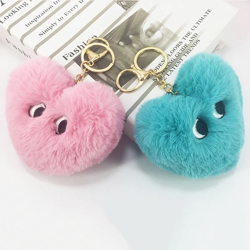 

New Pompon Fruits Heart Watermelon Key Chain For Women Faux Rabbit Fur Pompom Keychain Charm Bag Key Ring Holder Jewelry Gift