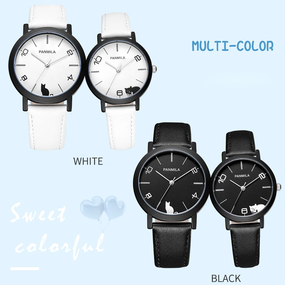 NO.2Women Big Small Dial Quartz Watches Classic White Black Cat Faux Leather Watch Men Couple Waterproof Wristwatch Clock |