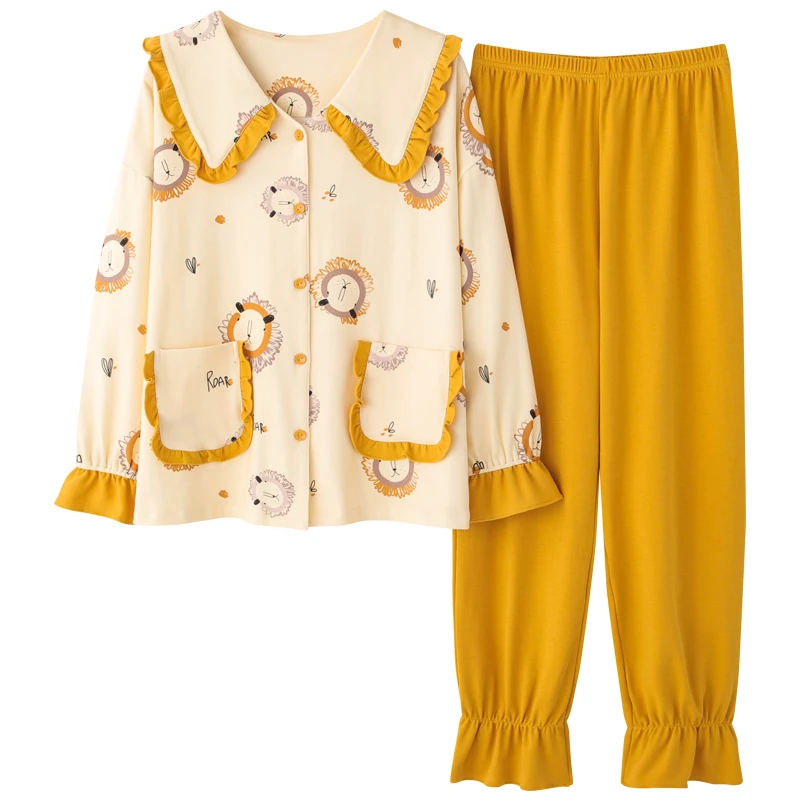 

Autumn Lapel Cardigan Cotton Sleepwear Women Pajamas Set Long Sleeve Loose Cartoon Print Female Pyjamas Set Leisure Wear 5929