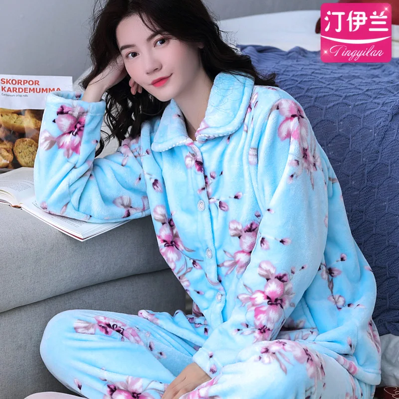 H5823 плюшевый женский Пижамный костюм женский уплотненный коралловый флис Домашняя одежда Ночная Рубашка Фланелевая пижама с длинными рукавами Осень-зима