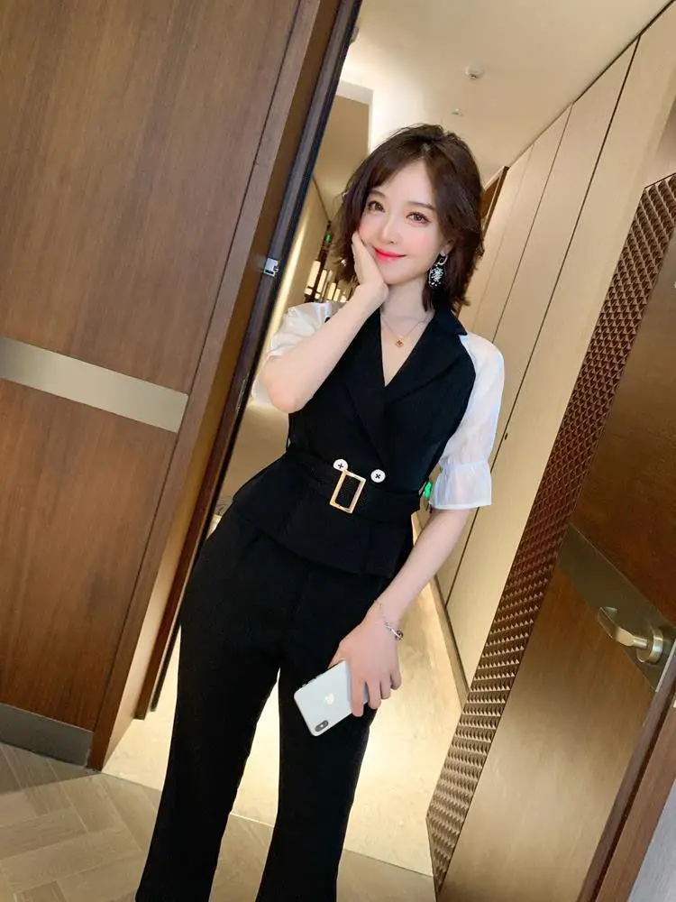 Летний офисный женский костюм рубашка с отложным воротником и брюки до щиколотки