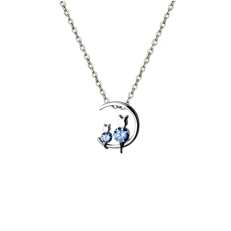 

New Korean Blue Crystal Moon Cat Silver Plated Jewelry Temperament Personality Clavicle Chain Necklace Lovely Animal Necklace