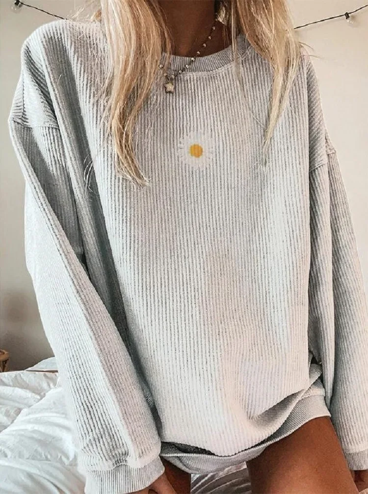 

Streetwear Daisy Print Striped Casual Woman Hoodies Loose Elastic O Neck Cotton Sweatshirt Autumn Fashion Hoodies Women