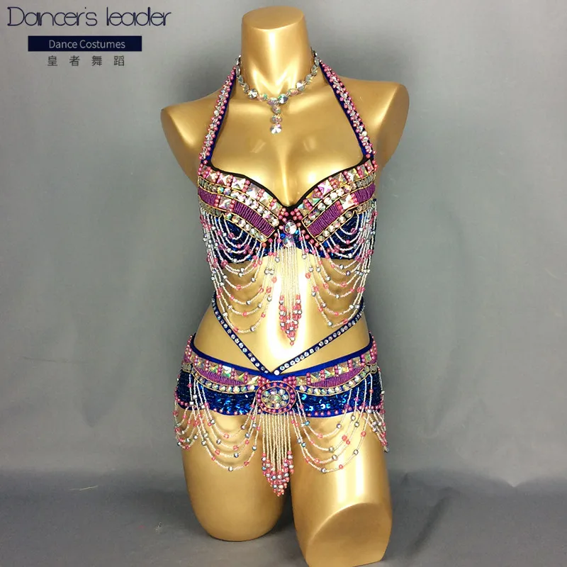 

High-end beaded sequins plus size belly dance costume adult female performance dance costume Latin dance sexy costume suit