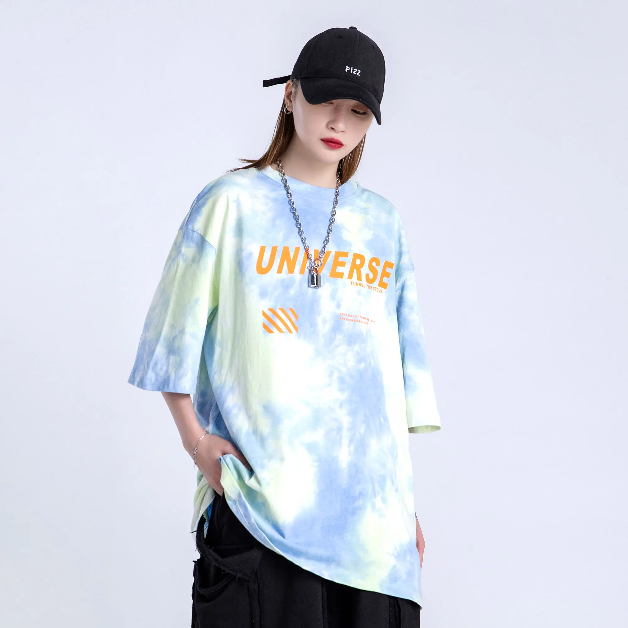 

2021 summer tie-dye letter printing short-sleeved women loose European and American street fashion hip-hop t-shirt top