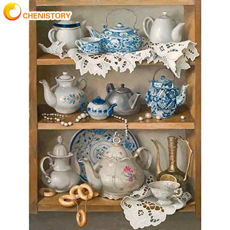 

CHENISTORY Painting By Number Teapot Drawing On Canvas Hand Painted Paintings Art Gift DIY Pictures By Numbers Cup Kits Home Dec