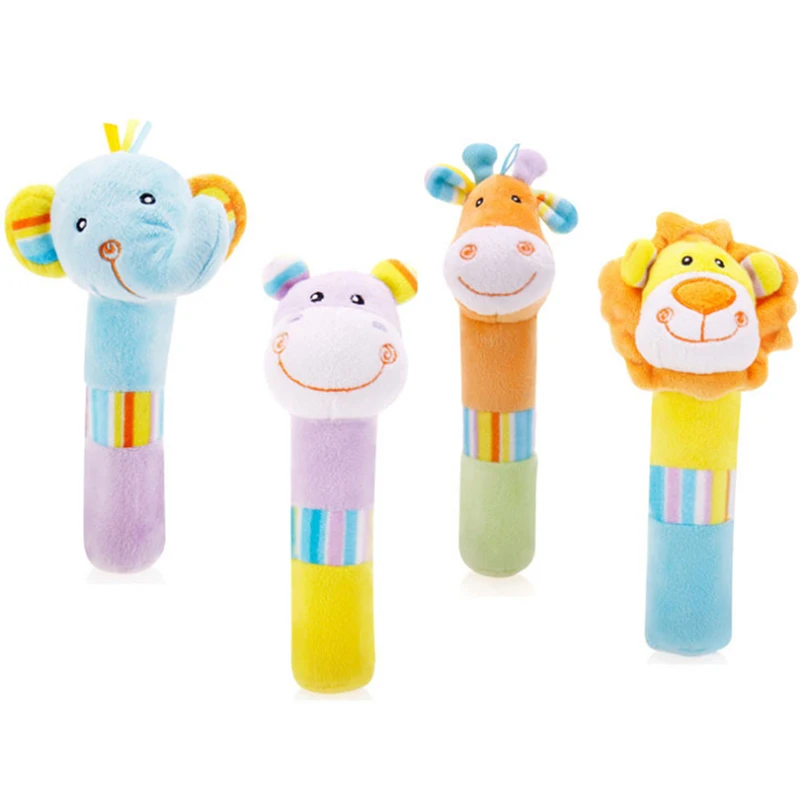 

2019 Baby Cute Rattles Toys Cute Stuffed Handbells Hand Bell Multifunctional Animal Squeaker Grasp Training Baby Toys Hand Bell