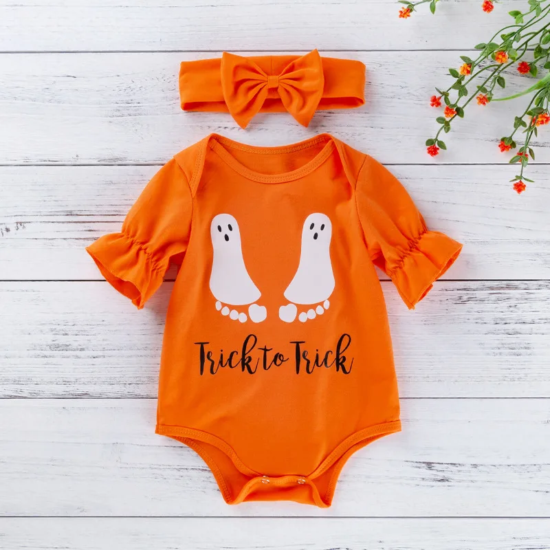 

Summer New Infant Bodysuits 0-24M Baby Boys and Girls Cartoon Alphabet Orange Half Sleeve Triangle Romper with Headdress