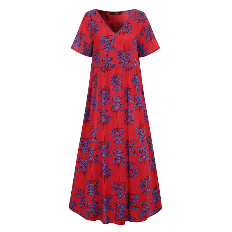 

Floral Print Women Sundress Bohemian Beach Maxi Dress Vintage V Neck Short Sleeve Oversized Dresses Femme Kaftan Vestidos