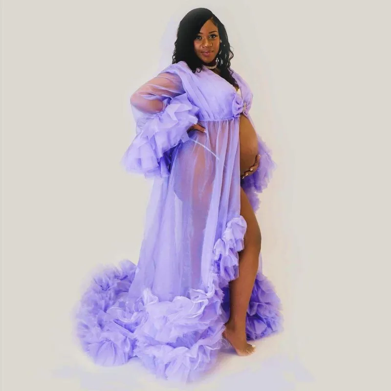 

Lavender Photo Shoot Outfits For Black Women Tulle Long Sleeves See Through Maternity Photoshoot Dresses Rulles Sweep Train 2021