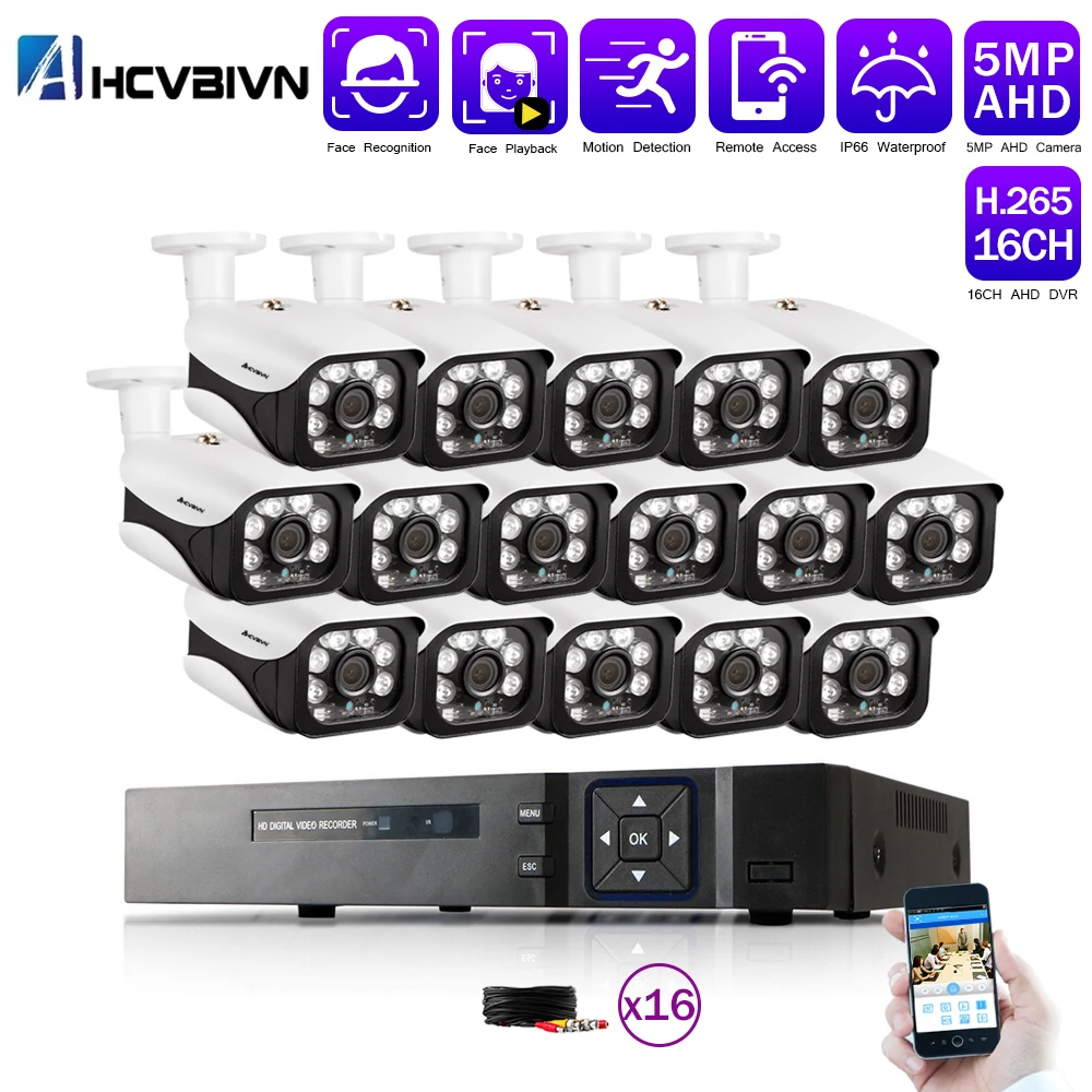 

AHCVBIVN H.265 16CH 2MP 5MP AHD NVR CCTV Security System Kits 16PCS IR Outdoor 5.0MP Security Camera P2P Video Surveillance Set