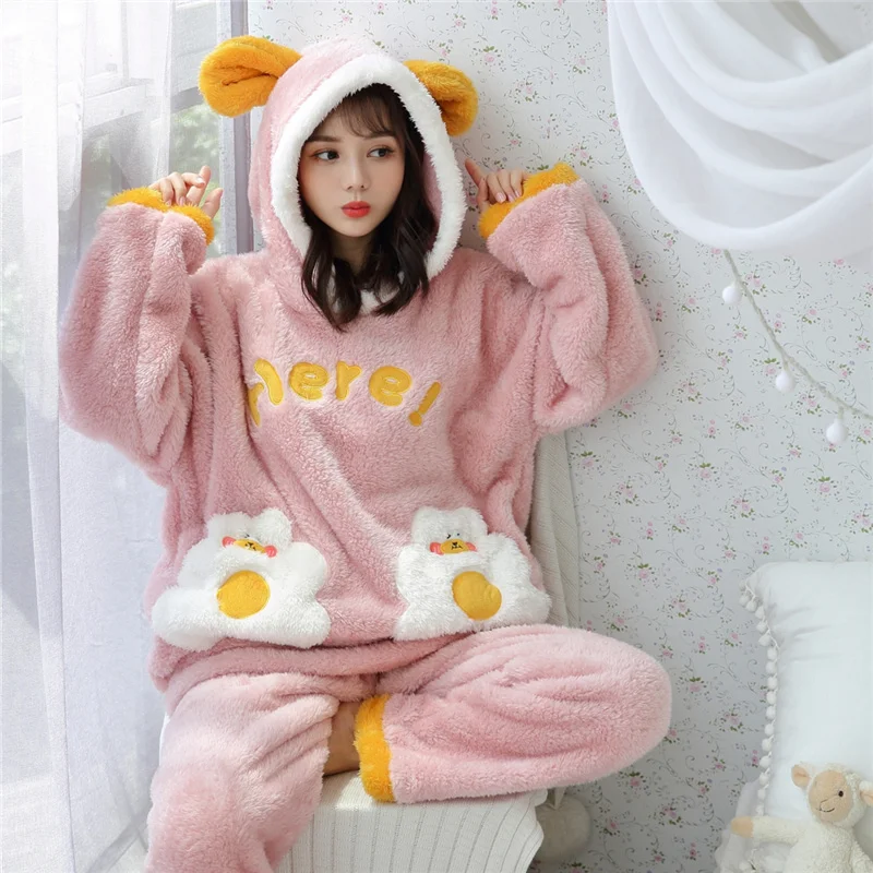 Coral Velvet Pajamas Women's Autumn and Winter Thickened Flannel Cute Cartoon Student Hooded Tracksuit Suit Sika Deer | Женская