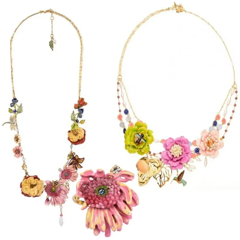 

European and American Flower of Life Series Set Enamel Glaze Daisy Flower Dragonfly Butterfly Pearl Necklace Earring Ring Female