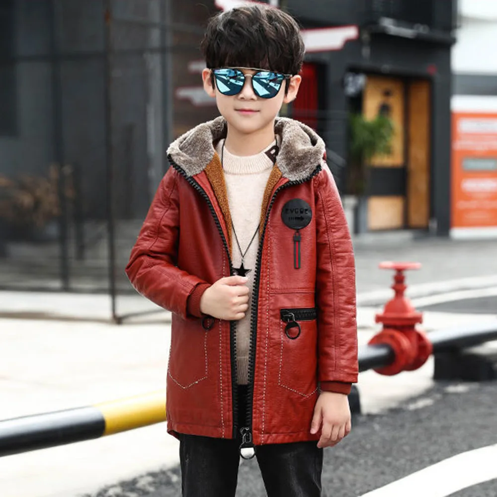 

Winter PU Leather Jacket For Boy New 2021 Korean Version Plus Velvet Thickening Fashion Handsome Hooded Children's Clothing