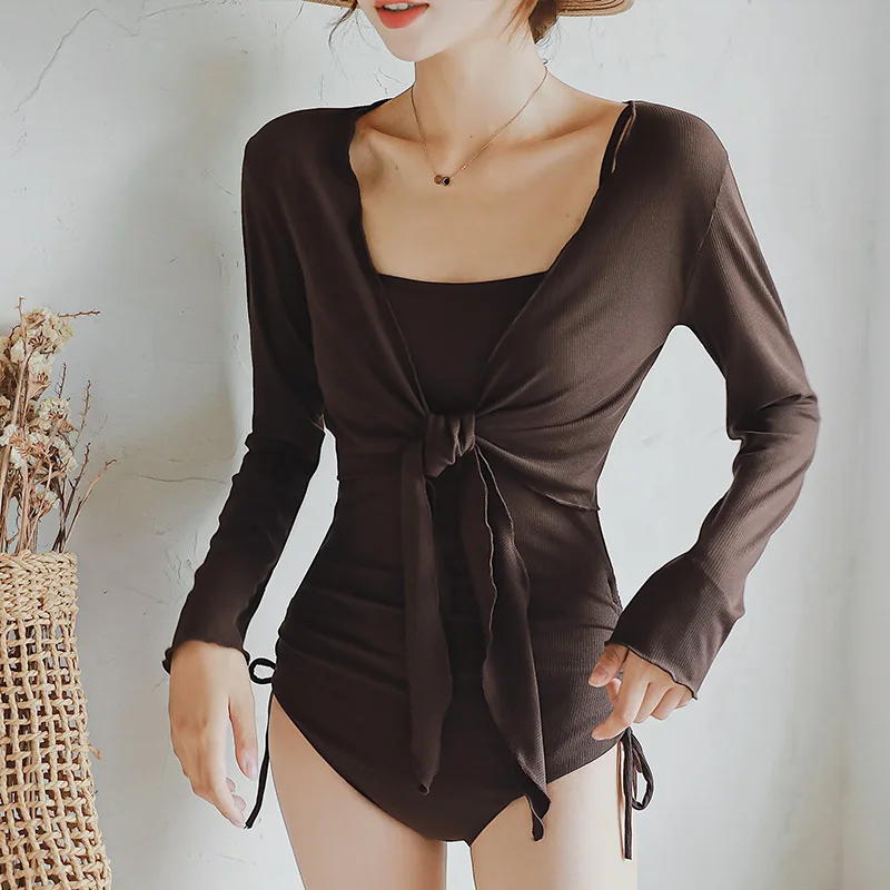 

Solid Color Swimsuit Women's One-Piece Long Sleeved Two Pieces Sunscreen Push Up Slimming Retro Swimwear Beach Suit Female