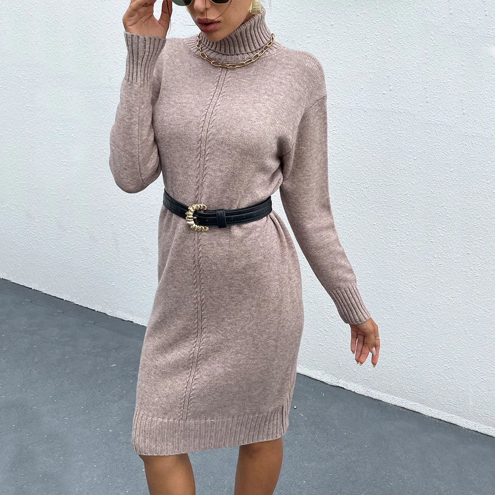 

Women's Autumn Winter Knit Dresses Fashion High Neck Slim Waist Woman Loose Long Sleeve Pure Color Knitting Pullover Dress 2021