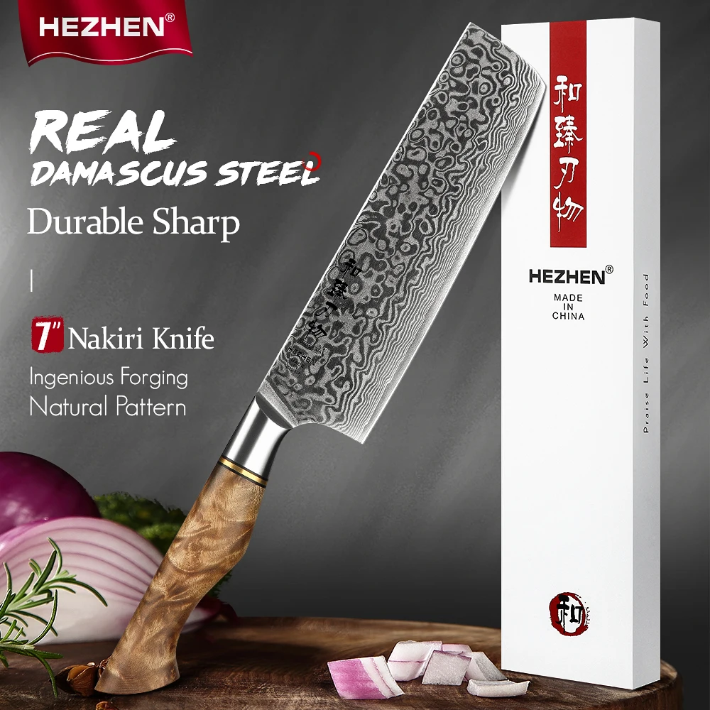 

7-дюймовый Профессиональный ножи накири VG HEZHEN, 67 слоев, дамасская сталь, суперострый 10 кухонных ножей для мяса, японский кухонный нож