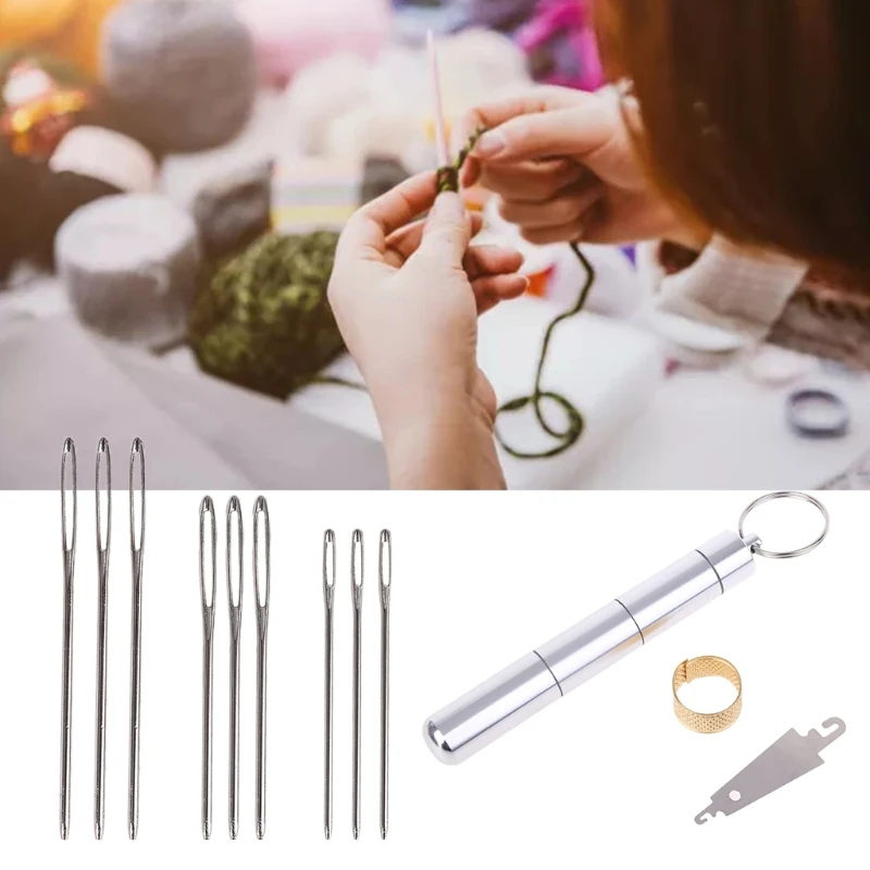 

Sewing Needles Kit Metal Large Eye Blunt Needle with Threader Thimble Aluminum Storage Tube for Hand DIY Crafts Projects