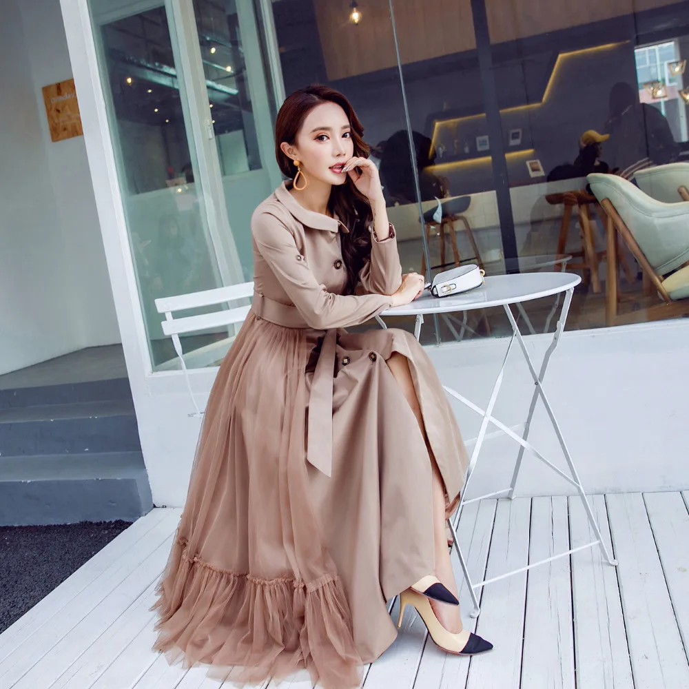 YOSIMI 2019 Autumn Winter Khaki Women Wild Long Trench Coat Outerwear Slim Mesh Clothe with Belt Maxi Female Sashes |