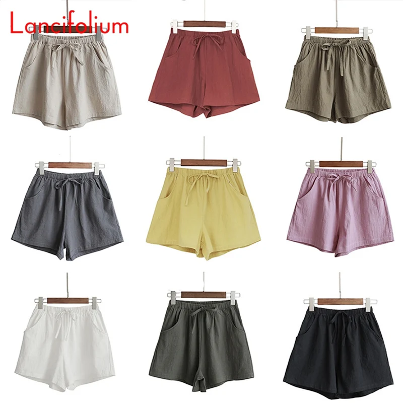 Y2k 10 Color Summer Korean Elastic High Waist Wide Legs Flax Cargo Shorts Cute Cotton Linen Baggy Sashes Black Shorts Women 2021