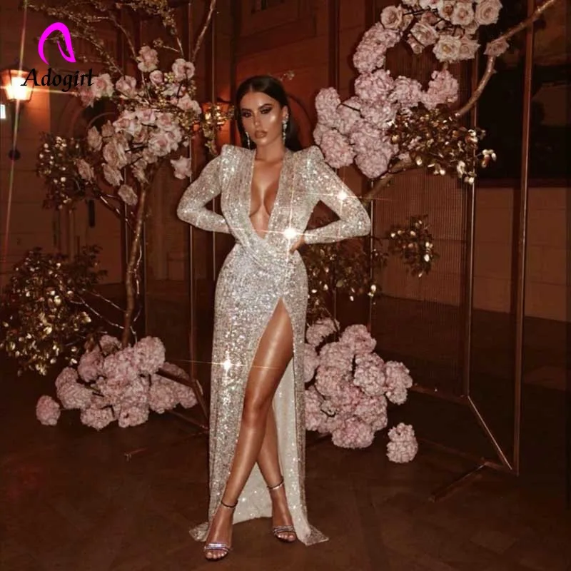 Новинка 2019 женское платье с блестками золотое серебряное длинным рукавом v