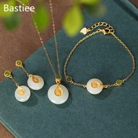 bastiee golden plated 925 sterling silver jewelry sets for women jade pendant necklace drop earrings bracelet luxury gifts