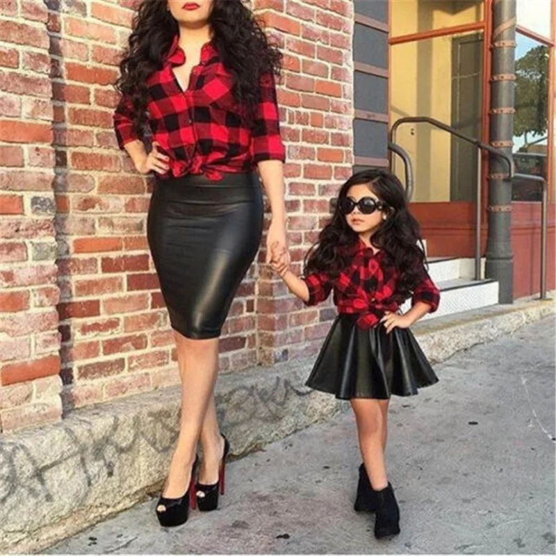 

New Elegant Girls Princess Clothes Sets Brief Formal Plaid Shirt Tops Red Leather Skirt Outfits Clothing Set 1-6 Year