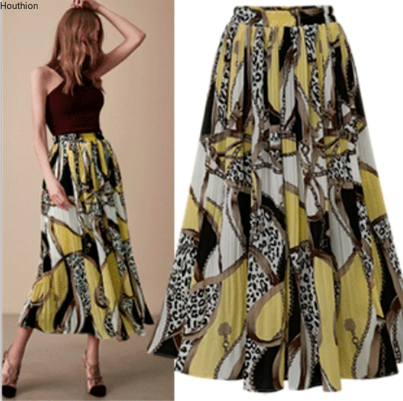 

Houthion Women's Skirt Floral Print Casual Fashion Chiffon Crush Big Skirt Woman Skirts