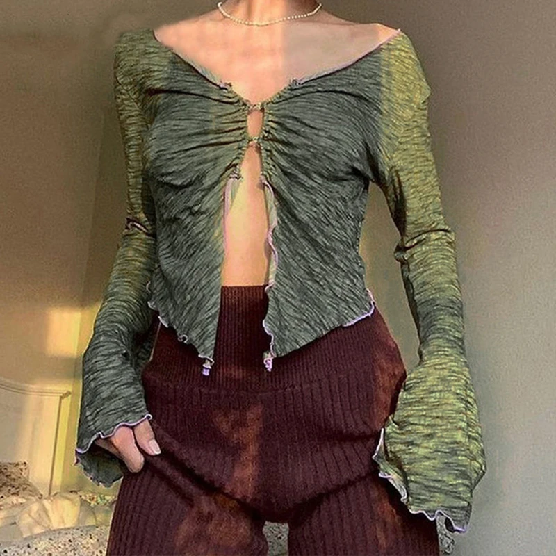 

90s Aesthetics Ruffles Button Green T-shirts Y2K Fairy Grunge V-neck Flare Sleeve Ruched Slit Crop Tops Sexy Tee Vintage