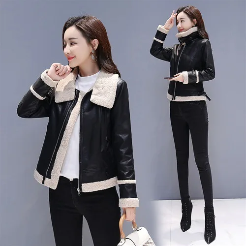 Женская короткая куртка из искусственной кожи плотная теплая локомотивная с