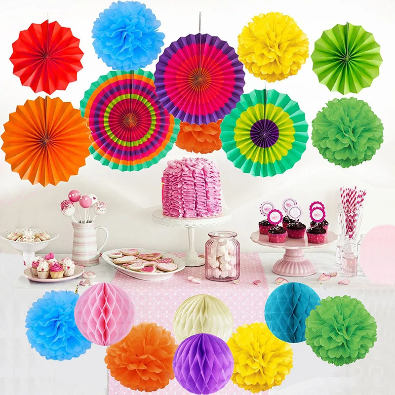 

19Pcs/Set Rainbow Hanging Decorations Set Paper Fans Tissue Paper Pom Poms Flower and Honeycomb Balls for Birthday Party Wedding