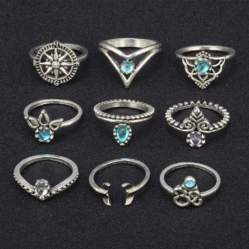 9 Pcs/Set Hot Sale Gold Ring for Women 2019 Compass Mermaid Tail Gem Elegant Knuckle Midi Joint Finger Rings Set Jewelry | Украшения и