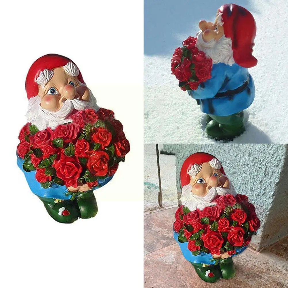 

Полимерный креативный Гном с красными розами, орнамент, садовые аксессуары, забавный подарок, садовая статуэтка, украшение для стола, Y8B7