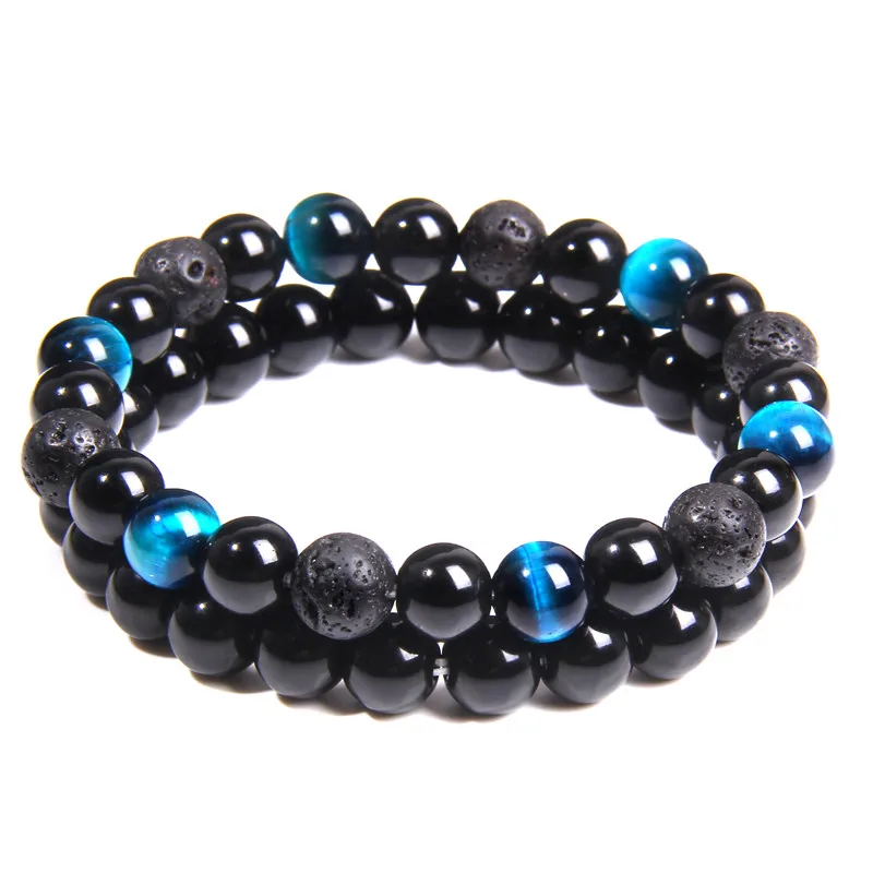 Браслет мужской из натурального зеленого тигрового глаза с бусинами лавового