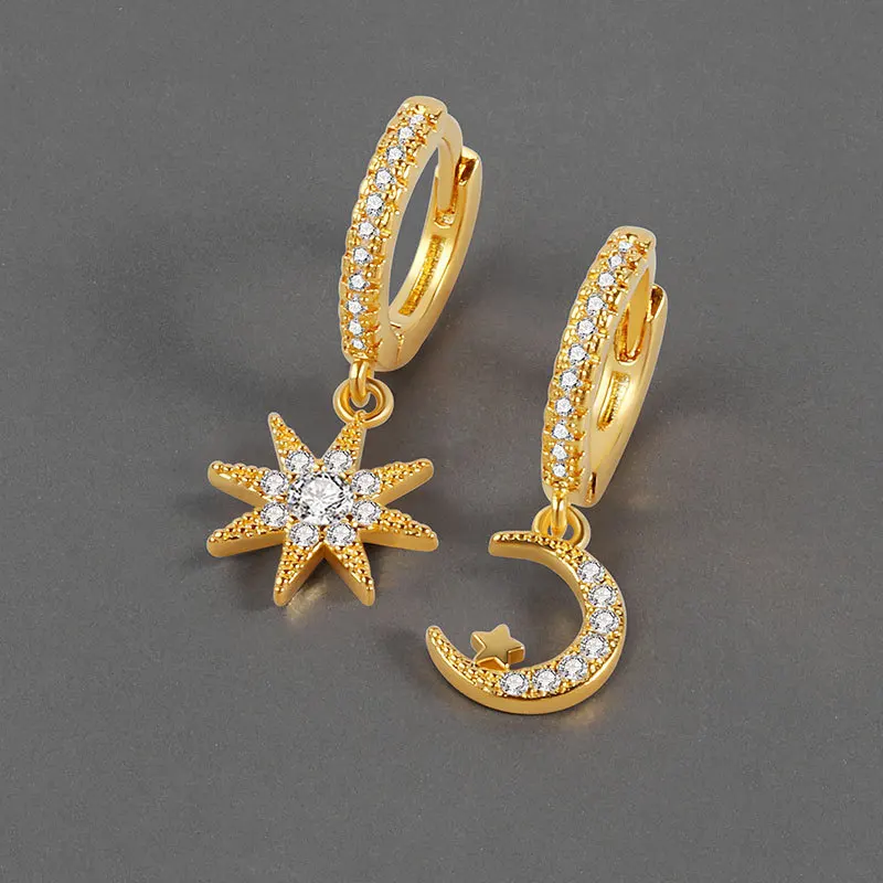 

QMCOCO Silver Color Sparkling Moon Stars Asymmetric Zircon Stud Earring For Women Trendy Elegant Party Jewelry Decoration