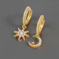 qmcoco silver color sparkling moon stars asymmetric zircon stud earring for women trendy elegant party jewelry decoration