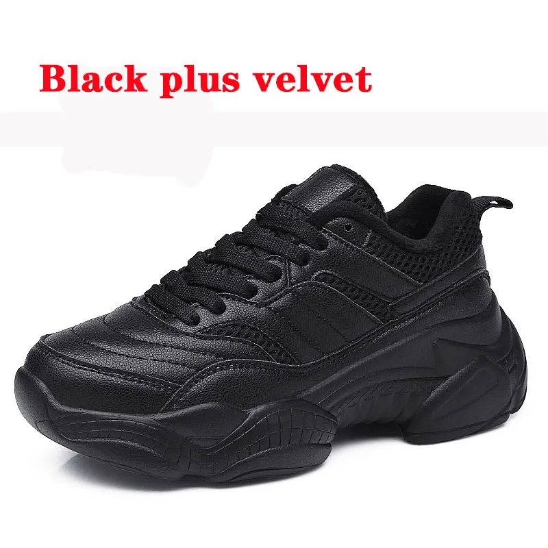Black plus velvet Tleni/ женские кроссовки; сезон осень; удобные дышащие кроссовки из искусственной кожи и сетчатого материала на плоской подошве; женские кроссовки на платформе; chaussure Femme ZK-56 - Цвет: Black plus velvet