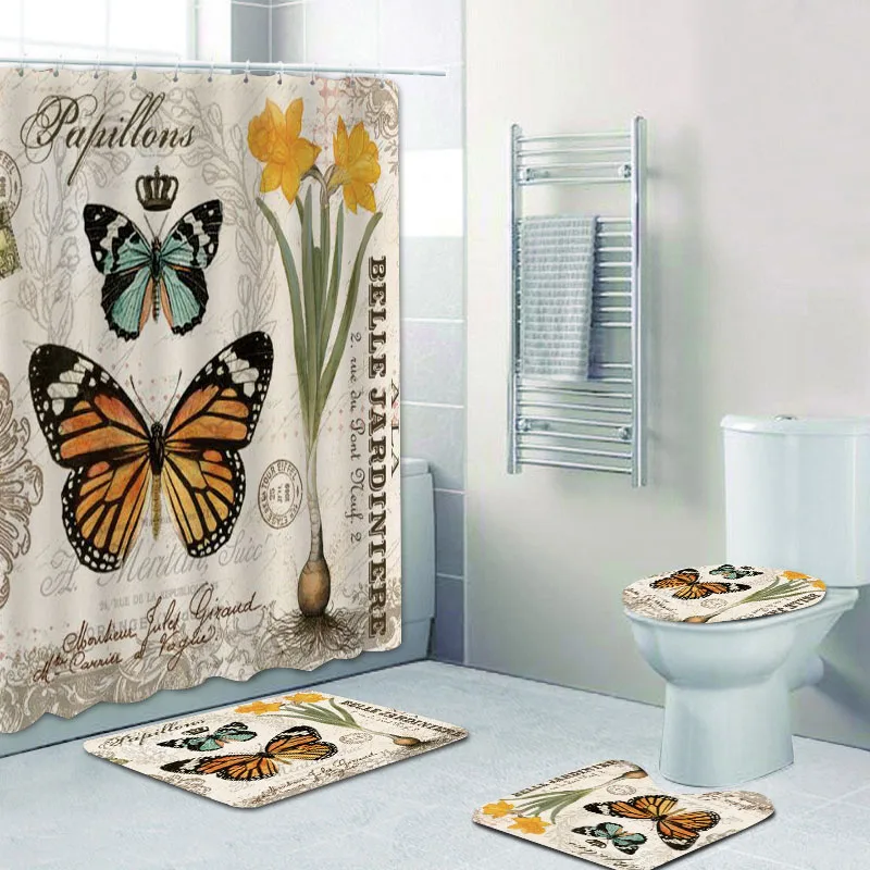 Занавеска для душа водостойкая в ретро-стиле с цветами лаванды бабочками птицами