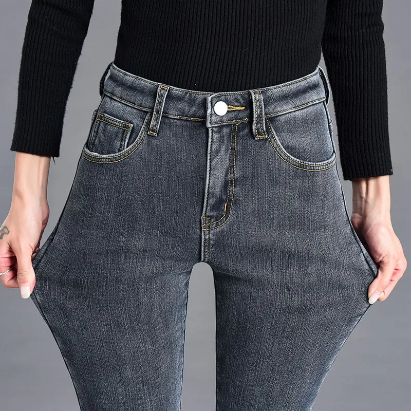 

2021 Women Vintage Stretch Skinny Jeans Lady Fetish Slim Fit Pants Winter Warm Plush Students Waist Straight Girls Sexy Trousers