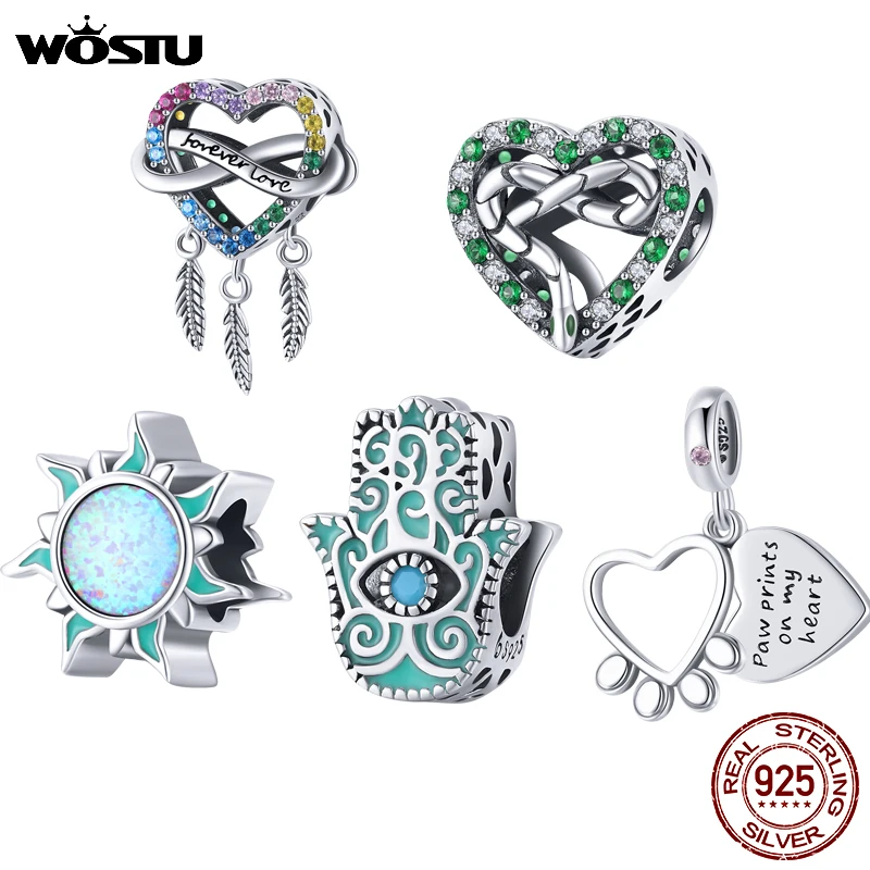 

WOSTU 925 Sterling Silver Dream Catcher Snake Fatimid Eye Opal Sun Charm for Original Silver Bracelet 3mm Women Jewelry Making