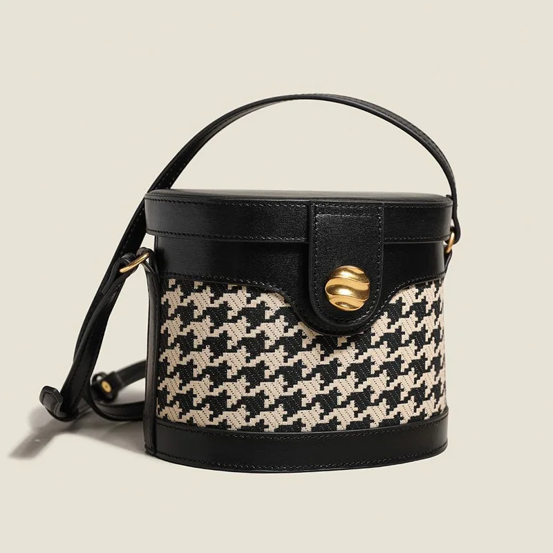 Niche Design 2021 Ladies Autumn Retro Shoulder Bag Classic Houndstooth Messenger Bag Genuine Leather Fashion Bucket Bag Cute Bag