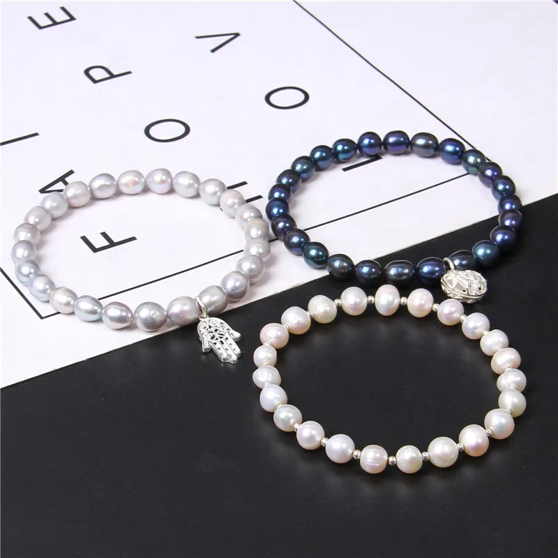 Пресноводные натуральные жемчужины черный овальный жемчуг браслеты 925 Φ для