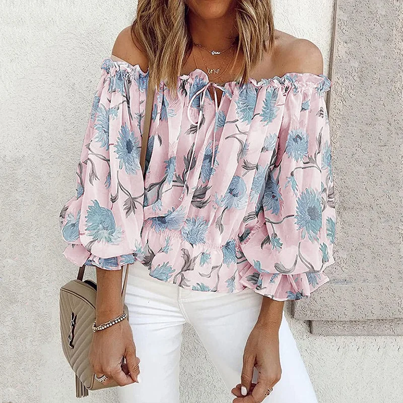 

2021 sexy one-line neck strapless chiffon shirt women loose printed long-sleeved T-shirt top